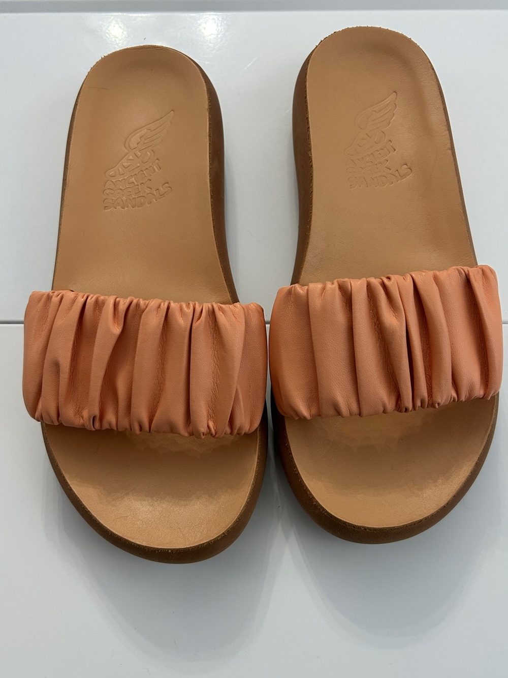 Ancient Greek Sandals Scrunchie Taygete Slide Women’s EU 38 US 8 Peach Ruched